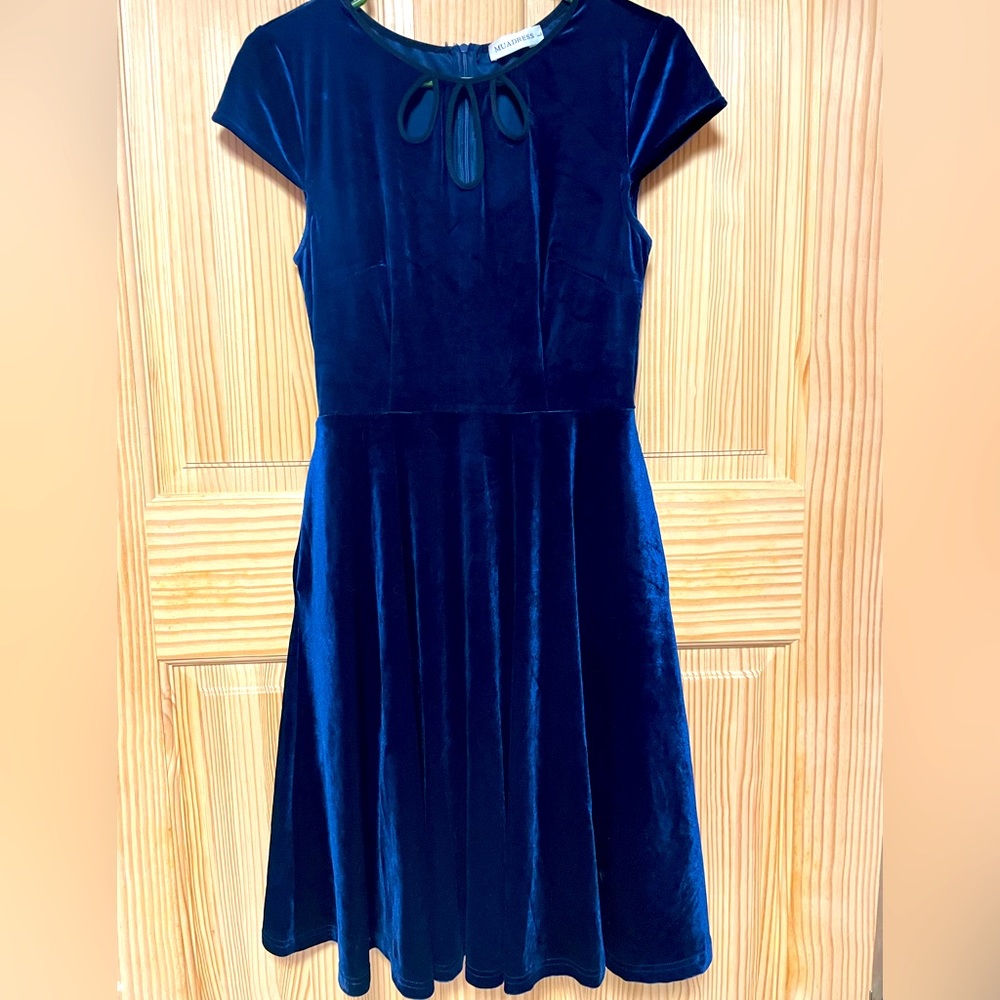 Blue Velvet Dress with Black Trim